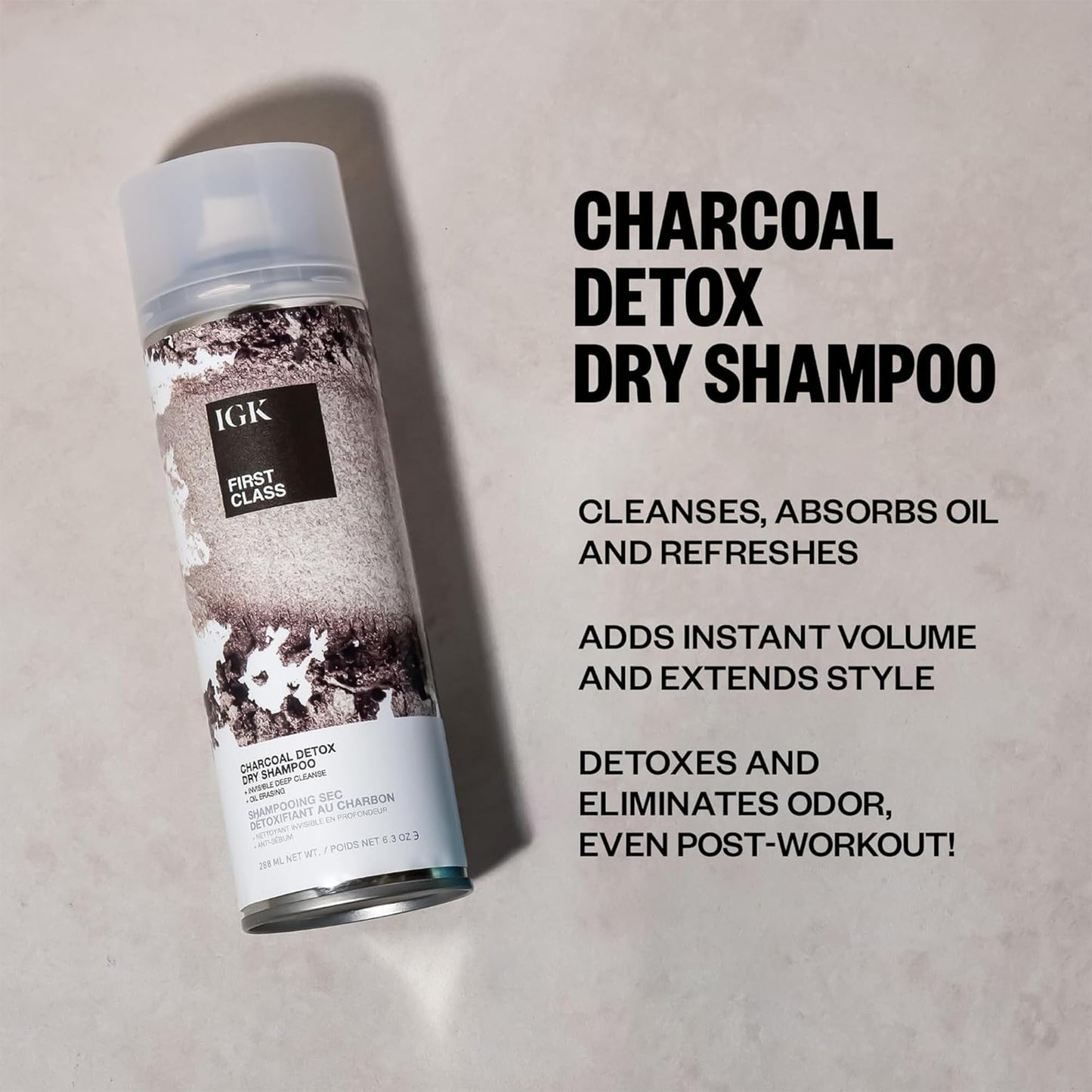 IGK FIRST CLASS Charcoal Detox Dry Shampoo | Volume + Soothes Scalp + Balance Oil | Vegan + Cruelty Free |