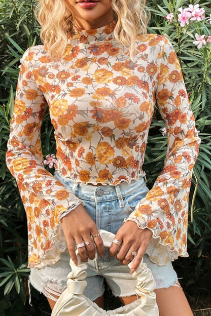 Printed Mock Neck Flare Sleeve Top