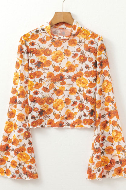 Printed Mock Neck Flare Sleeve Top