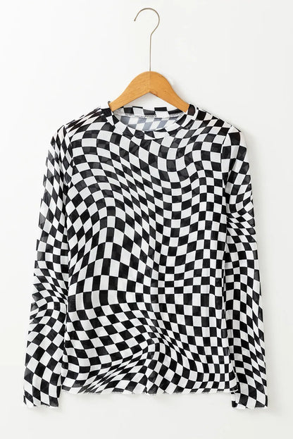 Checkered Mock Neck Long Sleeve Blouse